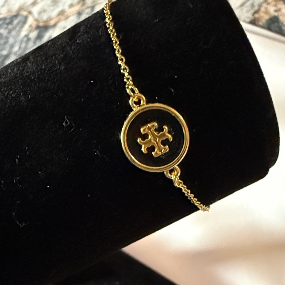 Tory Burch Gold and Black Logo Disc Chain Bracelet